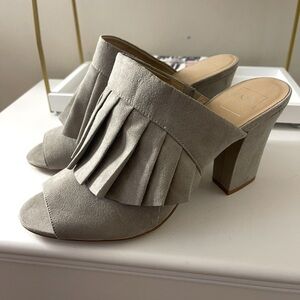 Gray Suede Fringe Mules